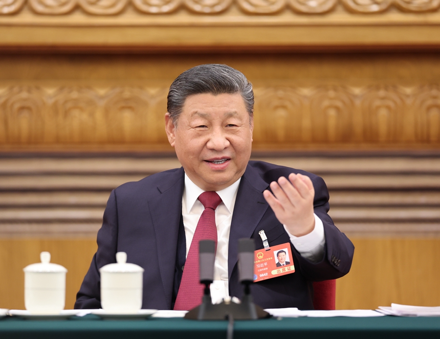 ？？3月5日下午，中共中央总书记、国家主席、中央军委主席习近平参加他所在的十四届全国人大三次会议江苏代表团审议。